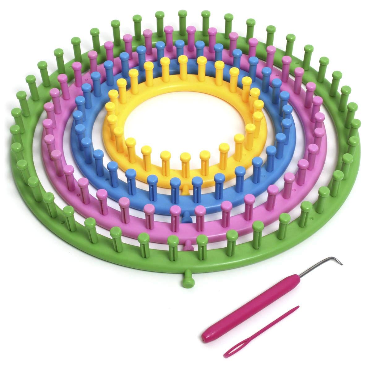 igadgitz home U6988 - Circular Knitting Loom, Wool Weaving Kit (4 Sizes - 14 cm | 19 cm | 24 cm | 29 cm) with Knitting Needle and Hook, Multicoloured