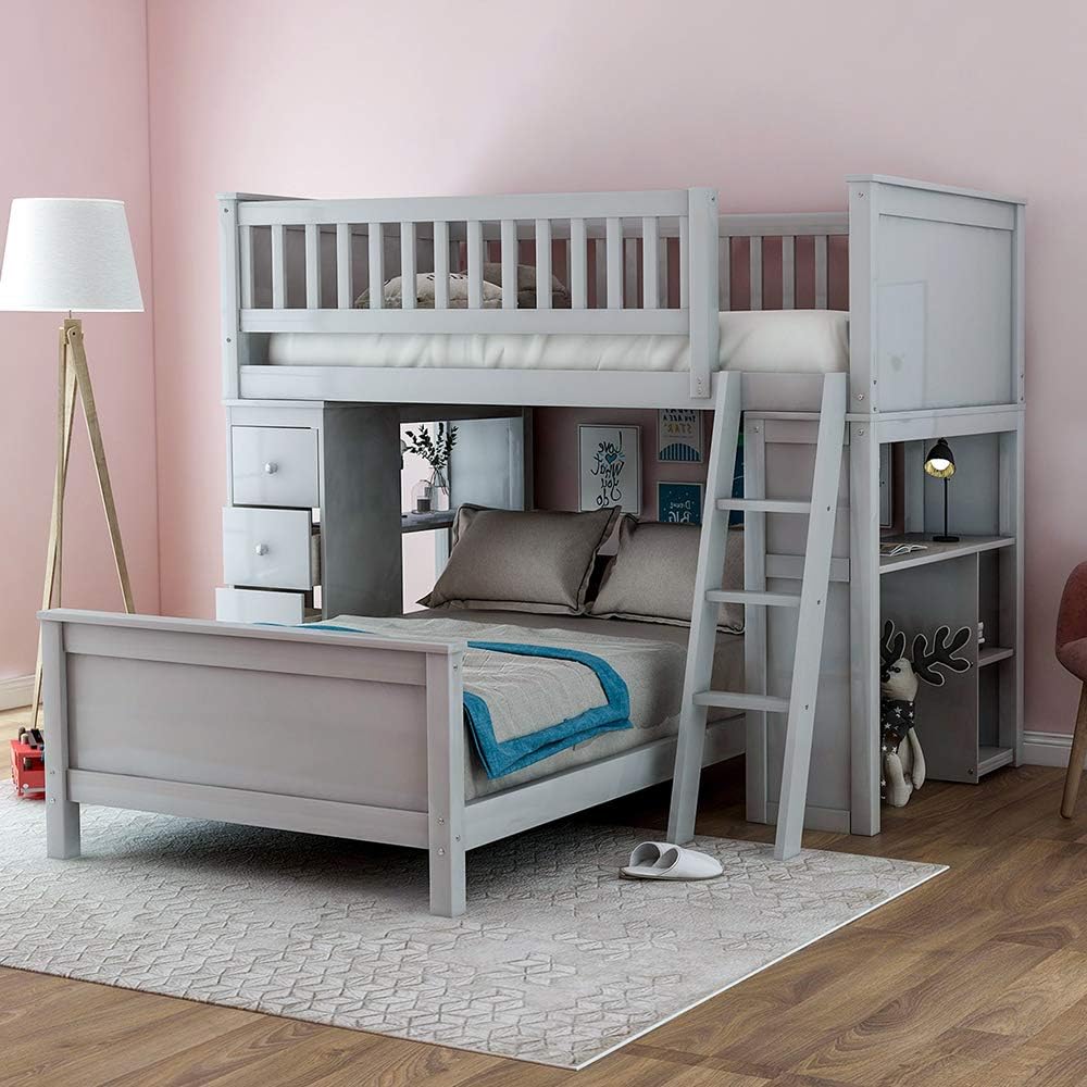 Loft Bunk Beds, Rockjame Twin Over Twin Wood Bunk Bed Frame with Drawers, Shelves, Desk and Ladder, Perfect for Kids and Teens (Gray)
