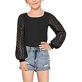 Geckatte Girls Long Sleeve T-Shirts Lace Crewneck Casual Plain Stretchy Ribbed Knit Blouses Tops 5-14 Years