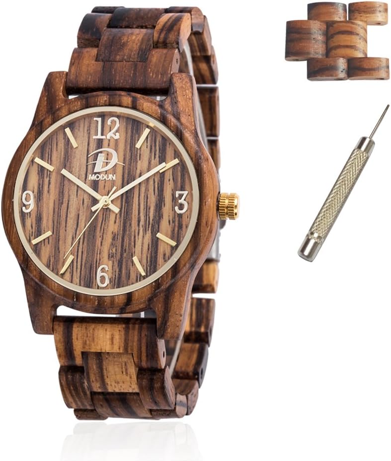 Wooden Watches for Men & Women + 2 Watch Links, Adjustable Bracelet Band Business Casual Wristwatches, Japanese Movement Lightweight Vintage Natural Wood Watches (Zebra Wood)