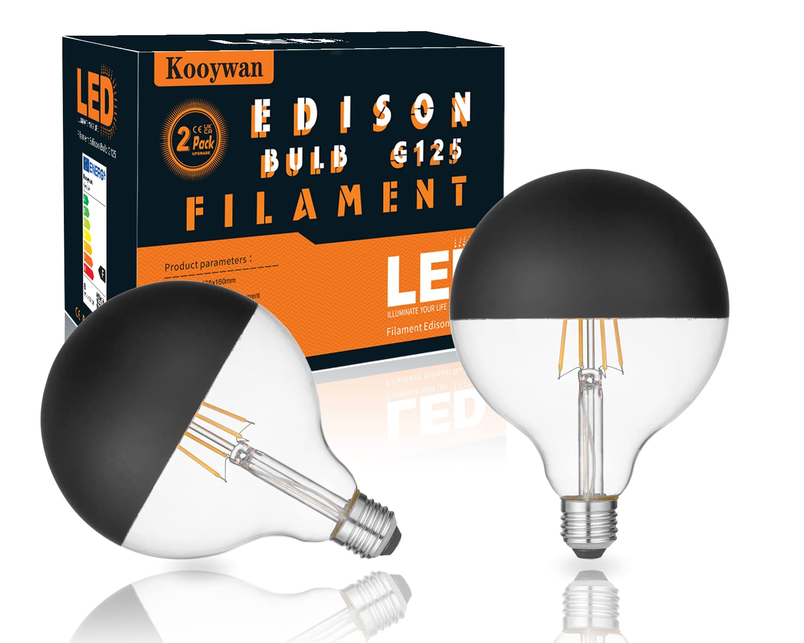 KOOYWAN G125 Black Crown Bulbs 2700k Warm White E27 6W -Pack of 2