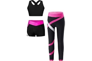 Hansber Kids Girla Dance Outfits Crop Top with Shorts Leggings 3 Pieces Outfits for Gymnastics Yoga Dancing