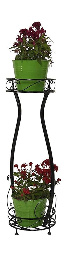GIG Handicrafts 2 Tier Iron Plant Stand with 2 Metal Planters Balcony Plant Stand Corner Plant Stand Livingroom Outdoor (26 cm x 26 cm x 67 cm, Black and Green)