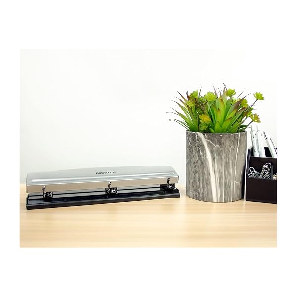 BOSTITCH OFFICE PREMIUM 3 HOLE PUNCH, 12 SHEET CAPACITY, METAL, RUBBER BASE, EASY-CLEAN TRAY, SILVER