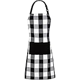 Jubatus 1 Pack Buffalo Check Apron with 2 Pockets Adjustable Bib Chef Kitchen Aprons for Men and Women, Black & White
