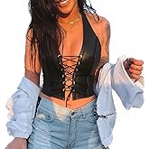 Women Sexy PU Leather Crop Tops Backless Halter Lace-Up Tanks Sleeveless Camisole
