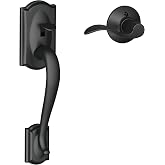 SCHLAGE Camelot Entry Handleset, Right Hand Accent Lever, Matte Black | Exterior front door handleset grip with handed interior lever, No deadbolt, Pairs with smart locks, Certified durability