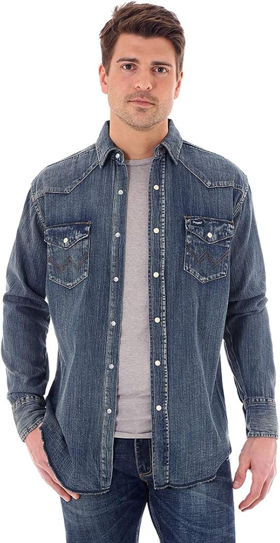 Wrangler Mens Denim Work Shirt LT Antique Blue at Amazon Men’s Clothing