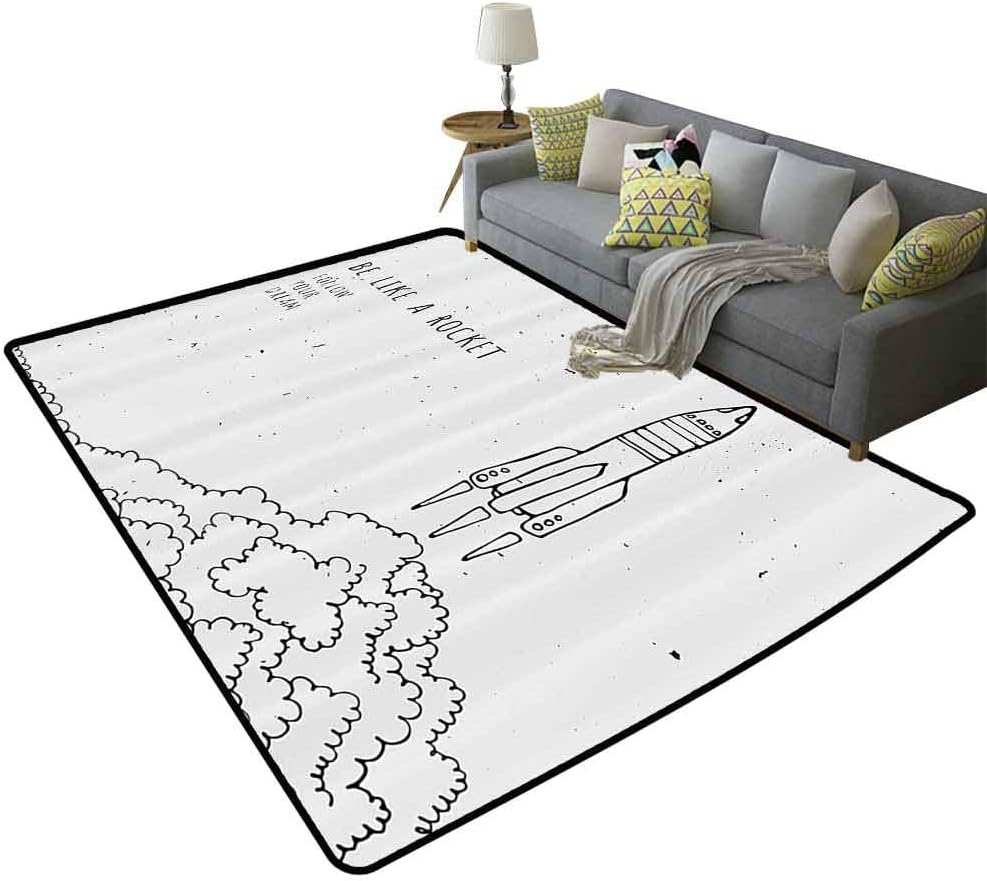 Kids Rustic Area Rugs Quote for Dream and Space Lovers Be Like Rocket Follow Your Dreams Inspiring Art Easy to Clean Carpet Black and White, 6'x 7'(180x210cm)