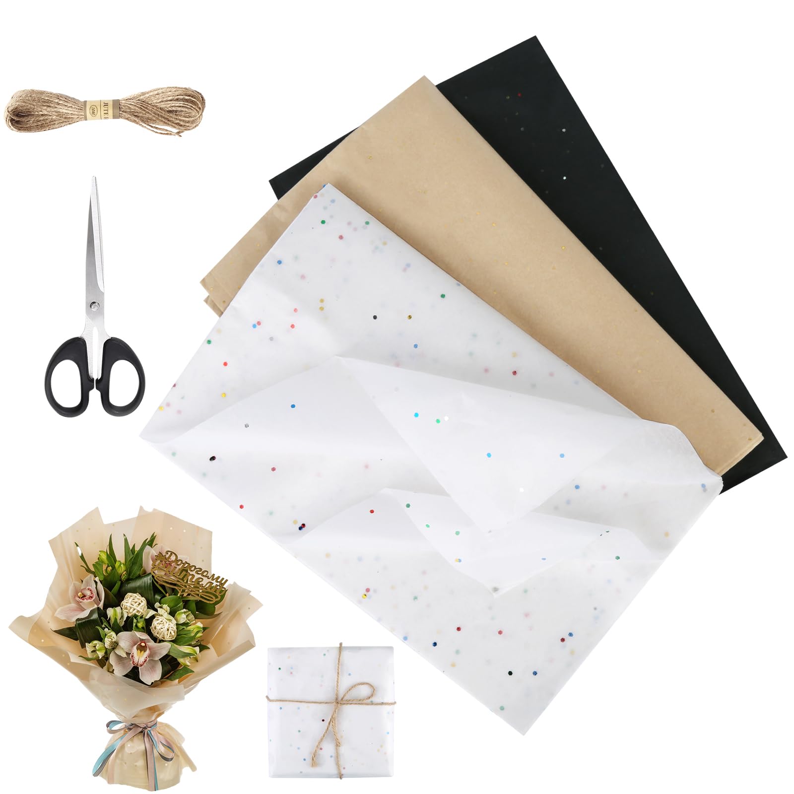 jwogngls 30 Sheets Tissue Paper, 50 x 66 cm, 3 Colours, Gift Wrap with Scissors and Cord for Birthdays, Parties