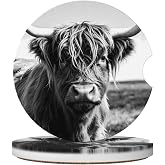 ZIKAI Highland Cow Car Cup Holder Coasters Absorbent Ceramic Coaster 2 Pack | 2.56