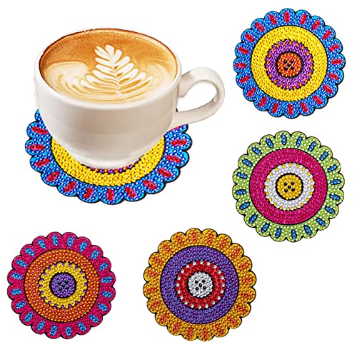 4 Pcs Diamond Paintings Coasters, DIY Coasters Small Diamond Painting Kits for Beginners, Adults & Kids Diamond Art Craft Supplies Home Decor(without iron holder)
