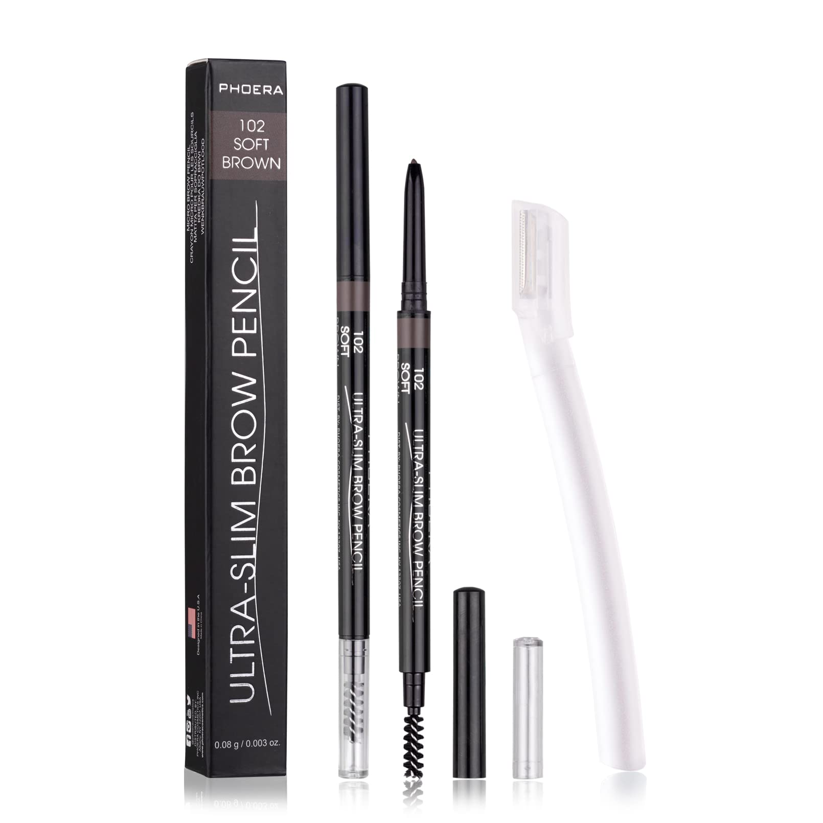 2 Packs Ultra Slim Eyebrow Pencil, Micro Brow Definer Pencil with eyebrow razors, Waterproof, Long-lasting, Precise Fine Tip Applicator for Perfect Brows, Soft Brown