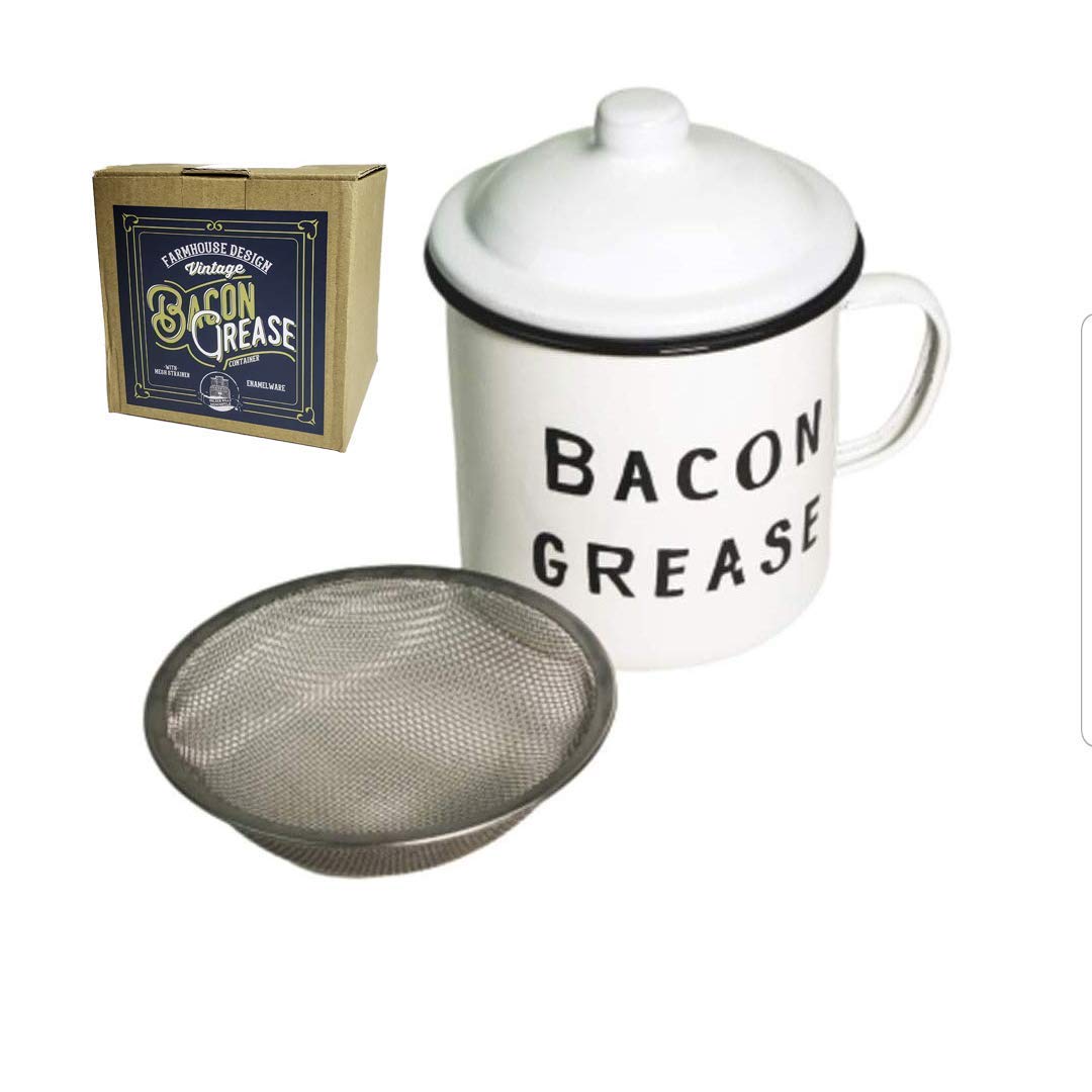 Golden Hills Mercantile Bacon Grease Container With Mesh Strainer Rustic Mid Century Modern Farmhouse Design White Enamel On Metal 4 Inch X 4 Inch Vintage Enamelware With Lid Blue Amazon In Home