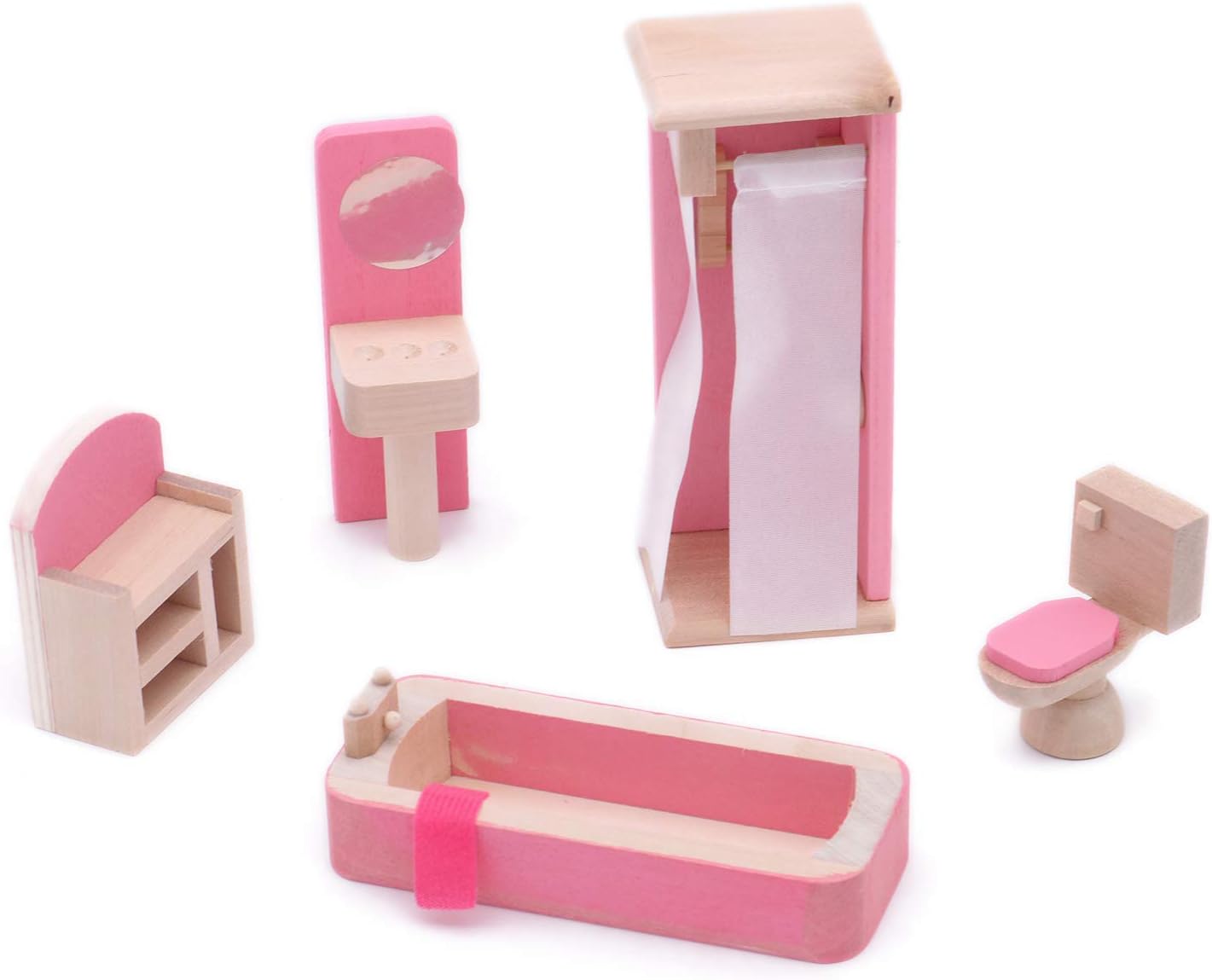 POFET Wooden Doll House Furniture Set Toy for Baby Kids Children Bath Shower Toilet Mirror Cupboard Bathroom