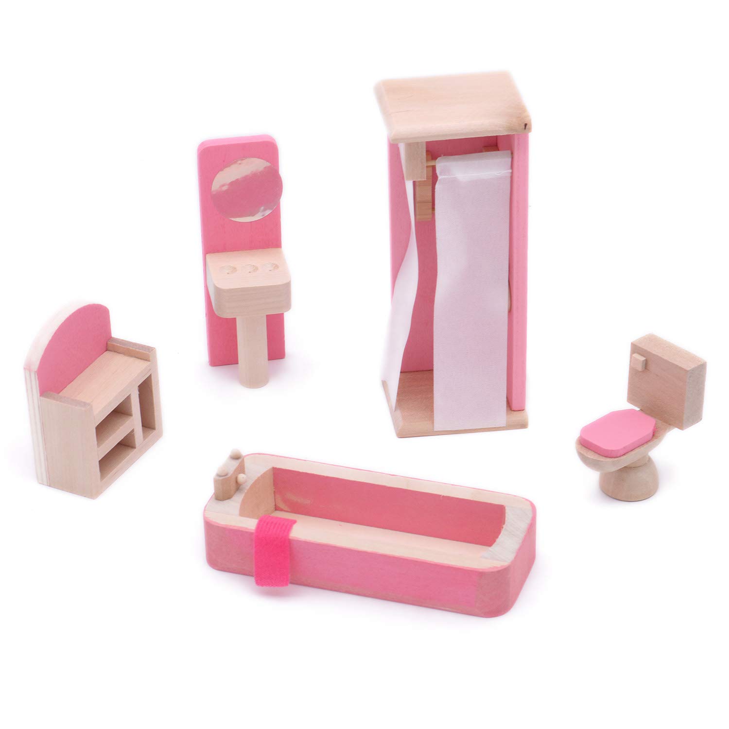POFET Wooden Doll House Furniture Set Toy for Baby Kids Children Bath Shower Toilet Mirror Cupboard Bathroom