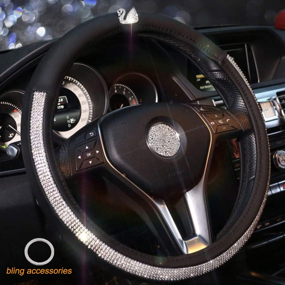 ALVAZA Winter Faux Wool Steering Wheel Cover with Colorful Crystal Bling Bling Rhinestones for Women/Girls/Ladies Universal Fit 15 Inch (Bling White)