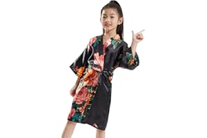 QXQTER Peony Floral Silk Kimono Robe Wedding Bridesmaid Robes Dressing Gown Nightgown for Girls