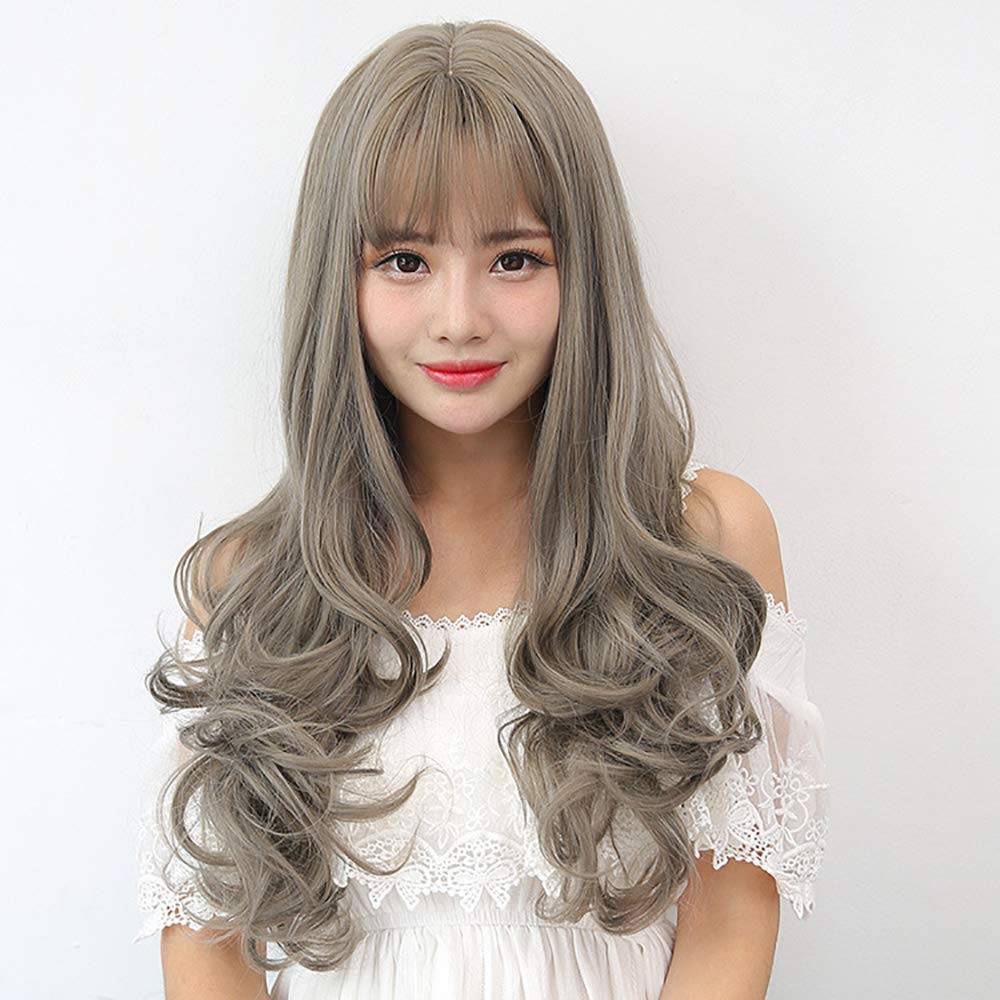 Wigs for Women Human Curly Hair Long Wigs 22 Inch Natural as Real Hair with Bangs Wig (Gray)
