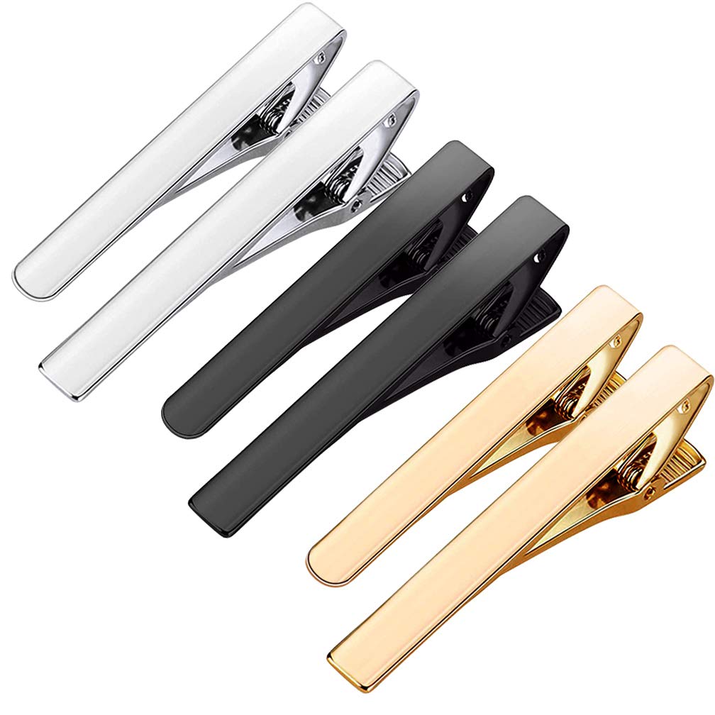 ALBOYI Tie Clips for Men, 6 Pack Skinny Tie Bars in Silver Gold Black, Two Styles Metal Necktie Clasp Pin for Wedding, Business, Anniversary & Daily Wear