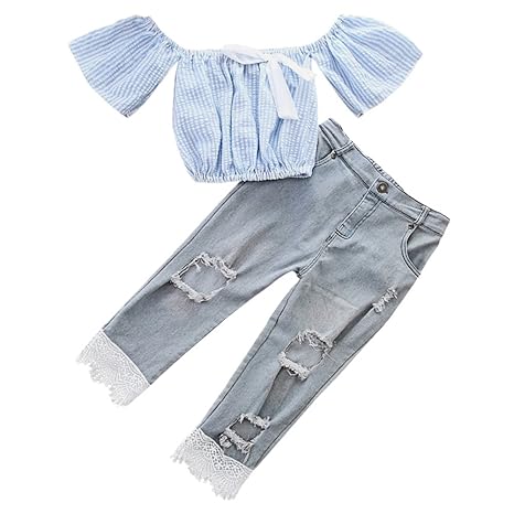 SCFEL Babykleidung Kleinkind Streifen Schulterfrei Top + Loch Jeans Hose Sommer Kleidung Set für 0-5 Jahre