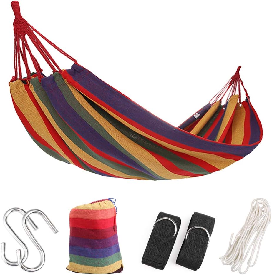 Extra Long 2 Person Brazilian Double Hammock Bed for Indoor Outdoor Backyard Porch Travel Camping with Sturdy Rope Tree Straps and Carrying Case, Durable Soft Cotton Fabric Holds Up to 475 lbs
