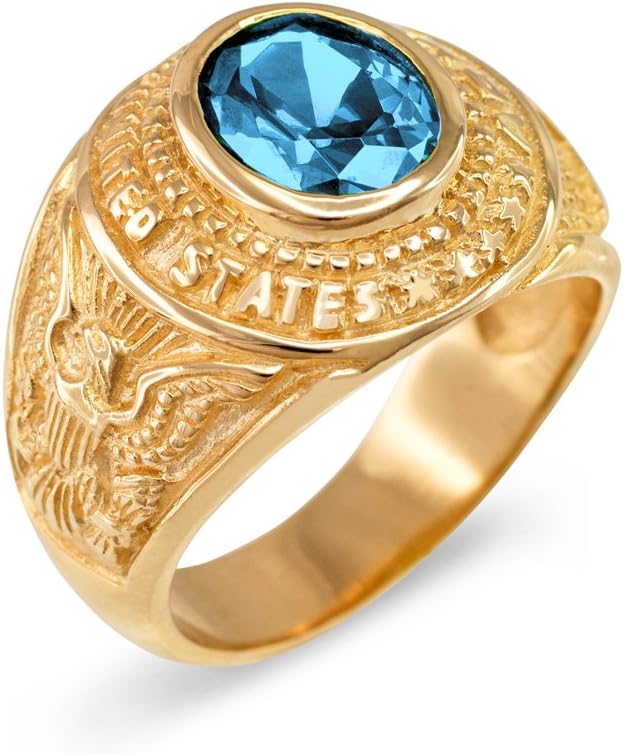 American Heroes March CZ Birthstone US Army Men's Ring in Solid 10k Yellow Gold