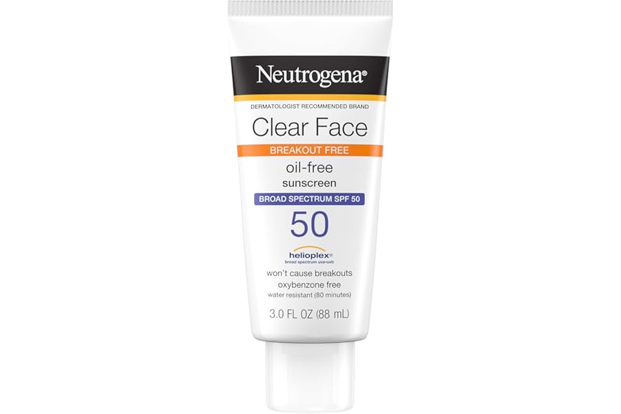 Neutrogena Clear Face Sunscreen Lotion for Acne-Prone Skin, Broad Spectrum SPF 50 Facial Sunscreen for Oily Skin, Oil-, Fragrance- & Oxybenzone-Free Water Resistant Sunscreen, 3 fl. oz