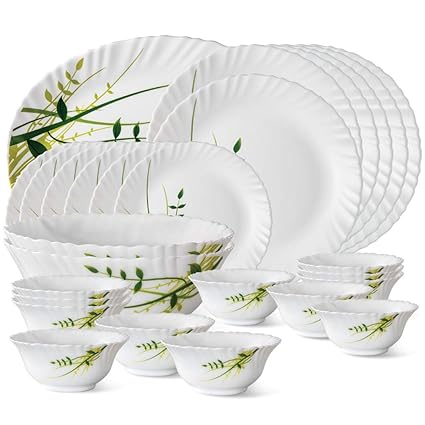 Larah by Borosil Green Herbs Opalware Dinner Set, 27-Pieces, White