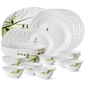 Larah by Borosil Green Herbs Opalware Dinner Set, 27-Pieces, White