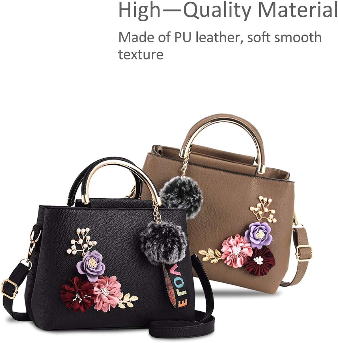 NICOLE & DORIS Women Leather Handbag Shoulder Bags with Flower Vintage Handle Bag Designer Tote Purse with Pompom Black - Image 4