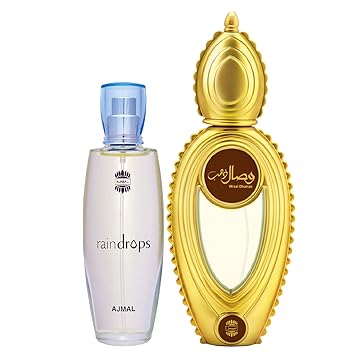 Ajmal Raindrops EDP Floral Chypre Perfume 50ml for Women and Wisal Dhahab EDP Fruity Floral Perfume 50ml for Men + 2 Parfum Testers FREE