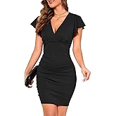 OWIN Women's Sexy V Neck Ruffle Sleeve Faux Wrap Ruched Bodycon Mini Party Cocktail Dress