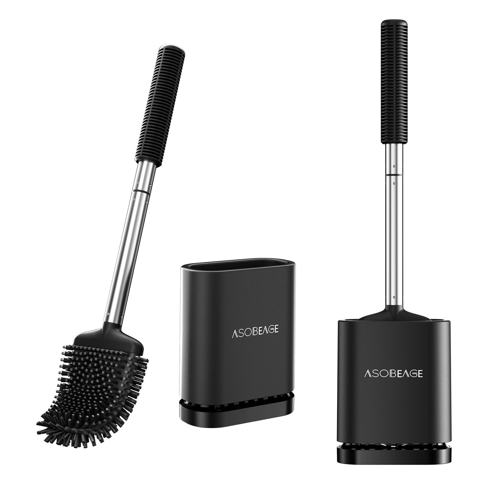 ASOBEAGE Silicone Toilet Brush: Flexible Head, Stainless Steel Handle, Wall-mounted, Quick-drying Holder for Bathroom Clean (Black, 2 Packs)