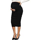 OYOANGLE Women's Maternity Skirt Over The Belly High Waisted Ruched Bodycon Pencil Midi Skirts