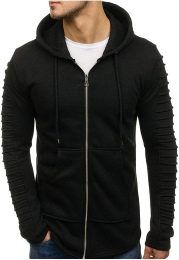 Men Zipper Hoodies Striped Ruched Sleeve Hooded Sweatshirt Jacket Coats