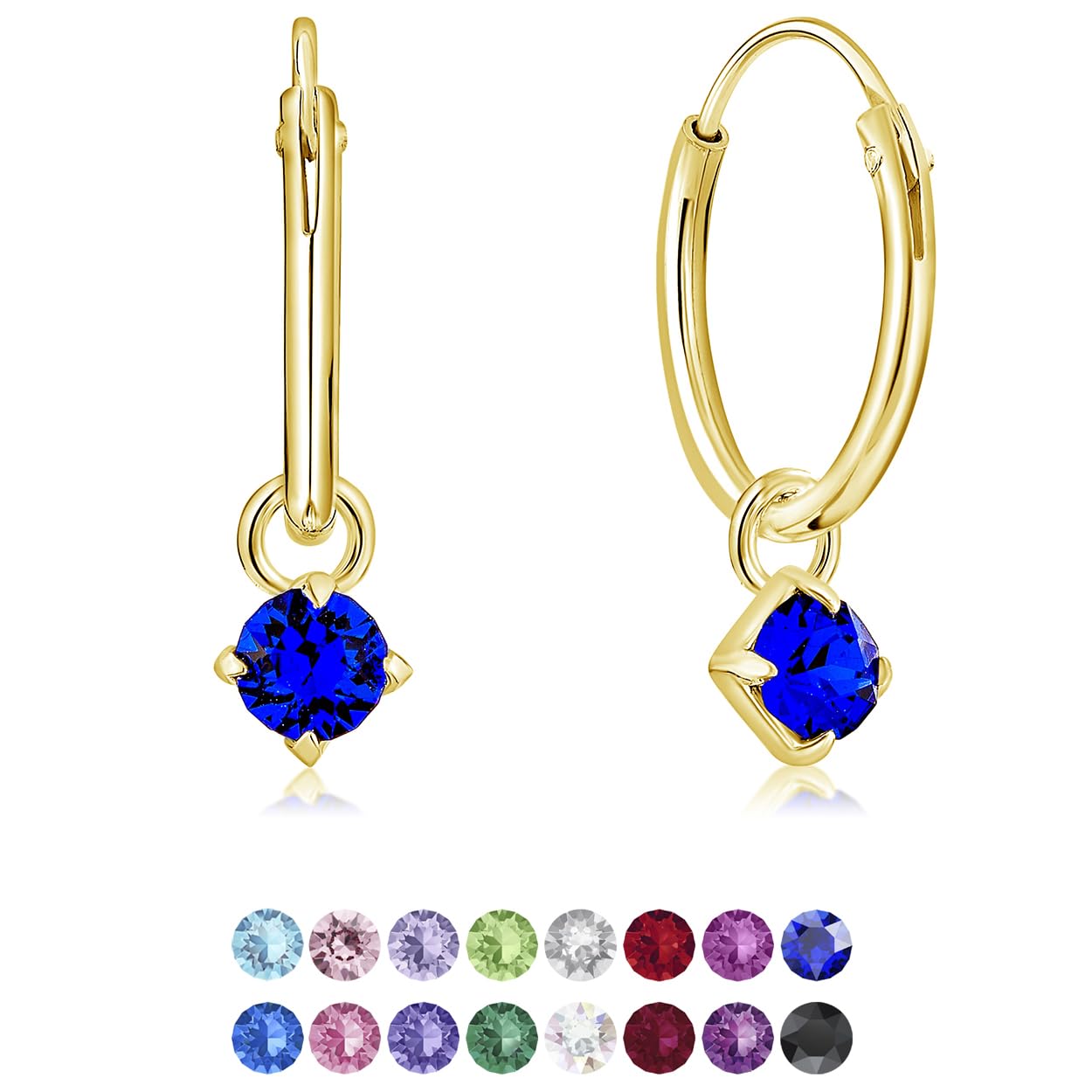 Royal Blue Earrings with Dangling Round Crystal - 925 Sterling Silver Earrings Gold Plated 24K with Blue Crystals - Classic Elegant Hypoallergenic Studs for Women