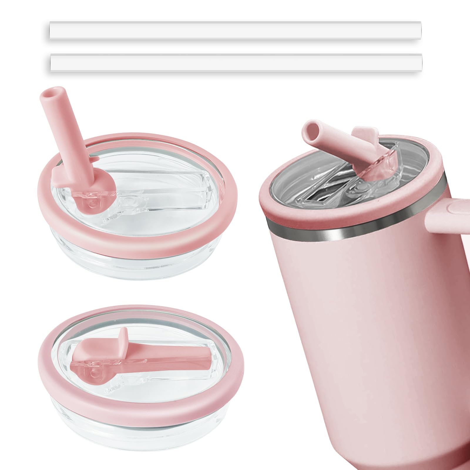 2pcs Leakproof Lid with Straw for Stanley Replacement,No-Spill Cup Lids for Stanley Quencher,Tumbler Flip Straw Lid for Stanley Accessories (Pink, 40oz)