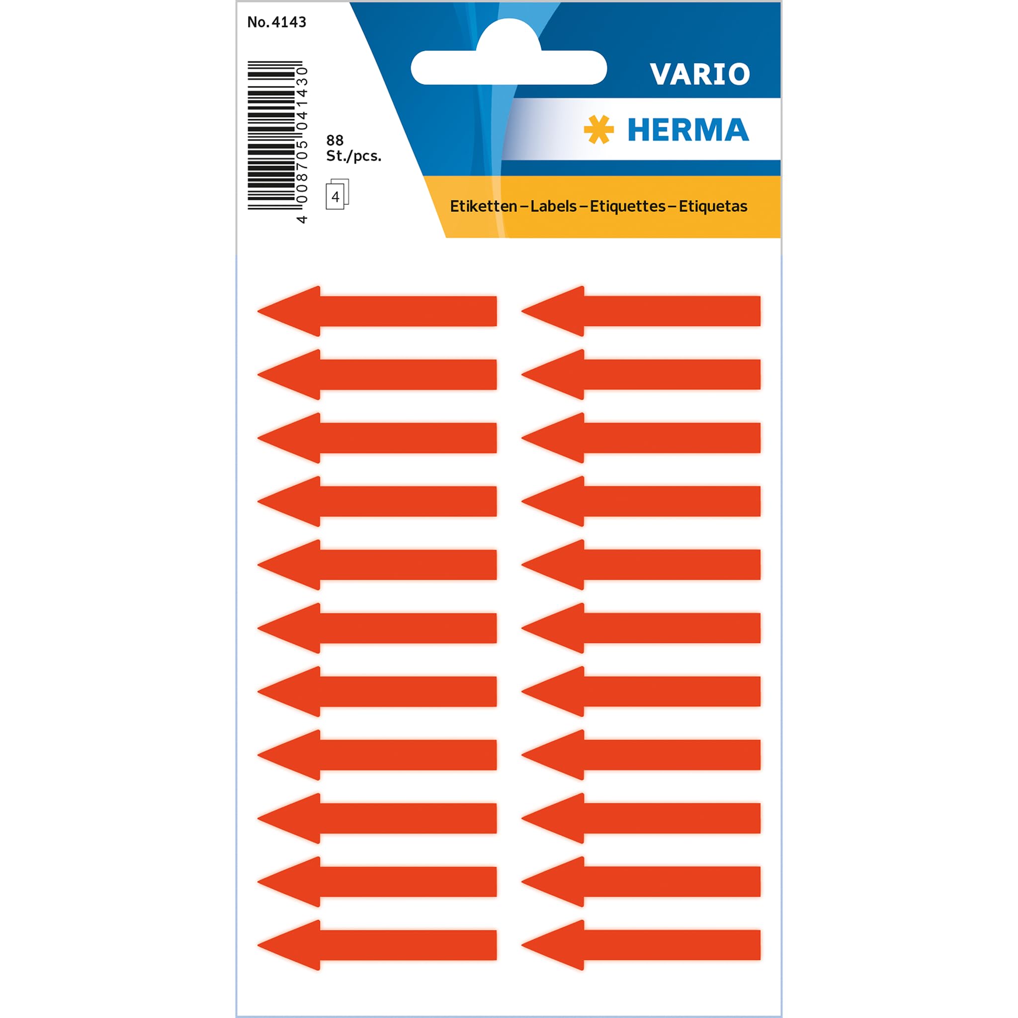 HERMA 4143 Arrow Shape Notice Labels (38 x 7 mm, 4 Sheets Matte Paper) Self-Adhesive Permanent Text Labels 88 Labels Bright Red — image 1