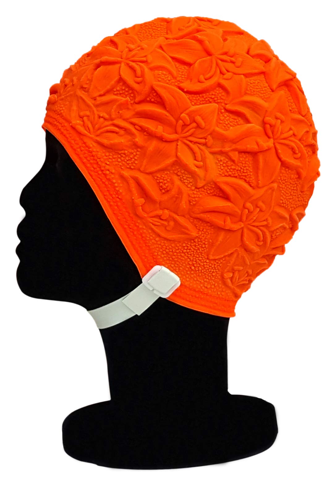 Blue Reef Latex Lily Soft And Pliable Single Solid Colour 3D Effect Floral Ladies Classic Retro Style Vintage Look Pull On Swimming Hat Swim Cap Generous One Size Adults With Adjustable Strap (Orange) โ image 1