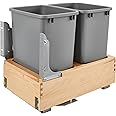 Rev-A-Shelf Double 35 Quart Pull Out Under Cabinet Trash Can with Soft Open & Close Slide System, Metallic Silver, Maple Wood Bottom 4WCBM-18DM-2