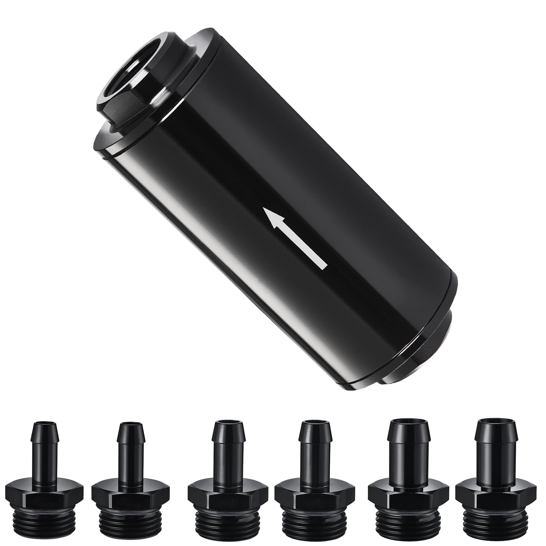 Photo 1 of EVIL ENERGY Inline Fuel Filter 10 Micron with Barb 1/2", 3/8", 5/16" Fitting Adapter 50MM Universal Aluminum Black, for Gasoline, Diesel, E85, Rubber Fuel Line