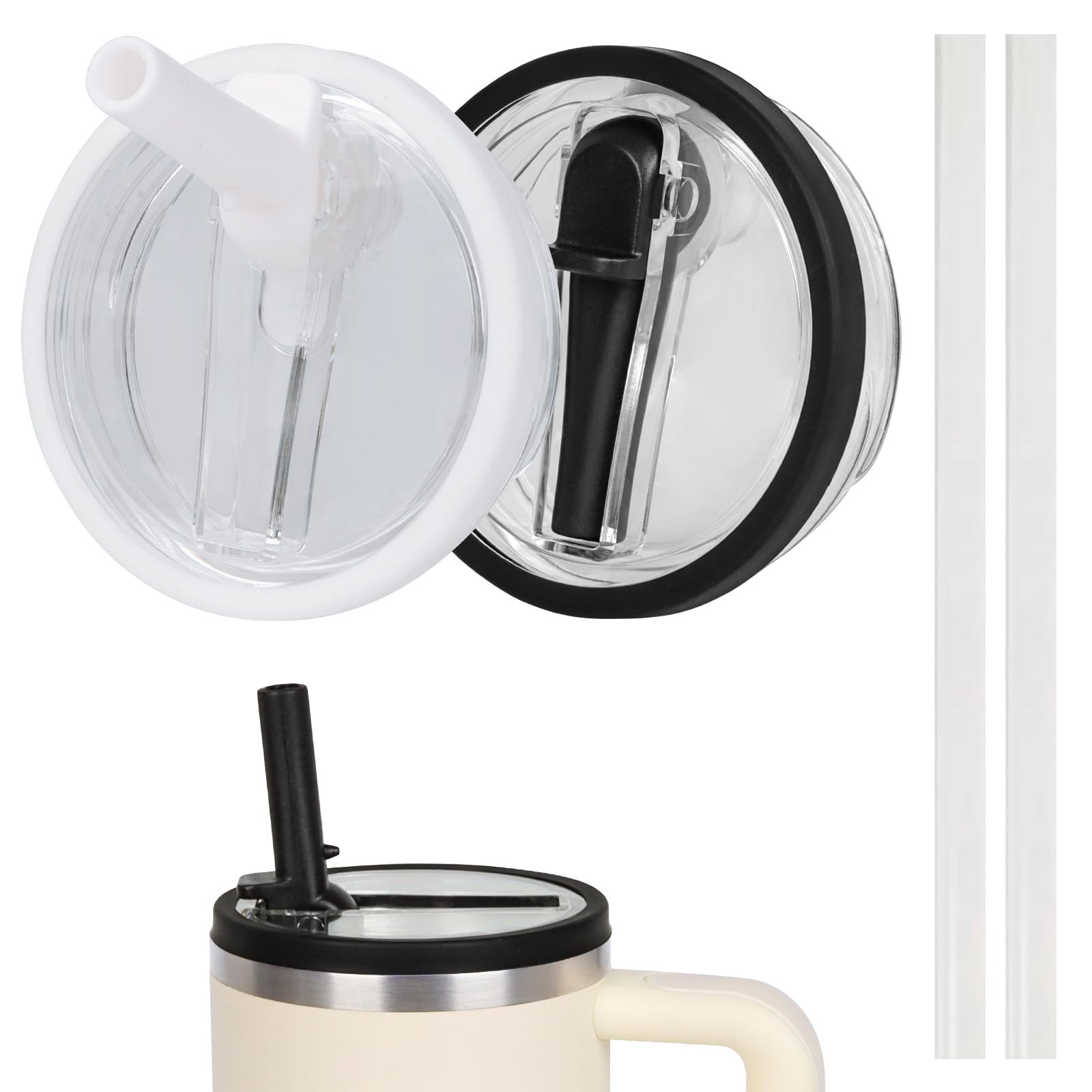 Photo 1 of 30 oz Replacement Lid for Stanley Quencher Tumbler Flip Straw, 2 PCS Spill Proof Lid Accessories Fit for Stanley with handle, Leak-Proof Splash Resistant Replaceble Cover Cap forStanley,(White&Black)