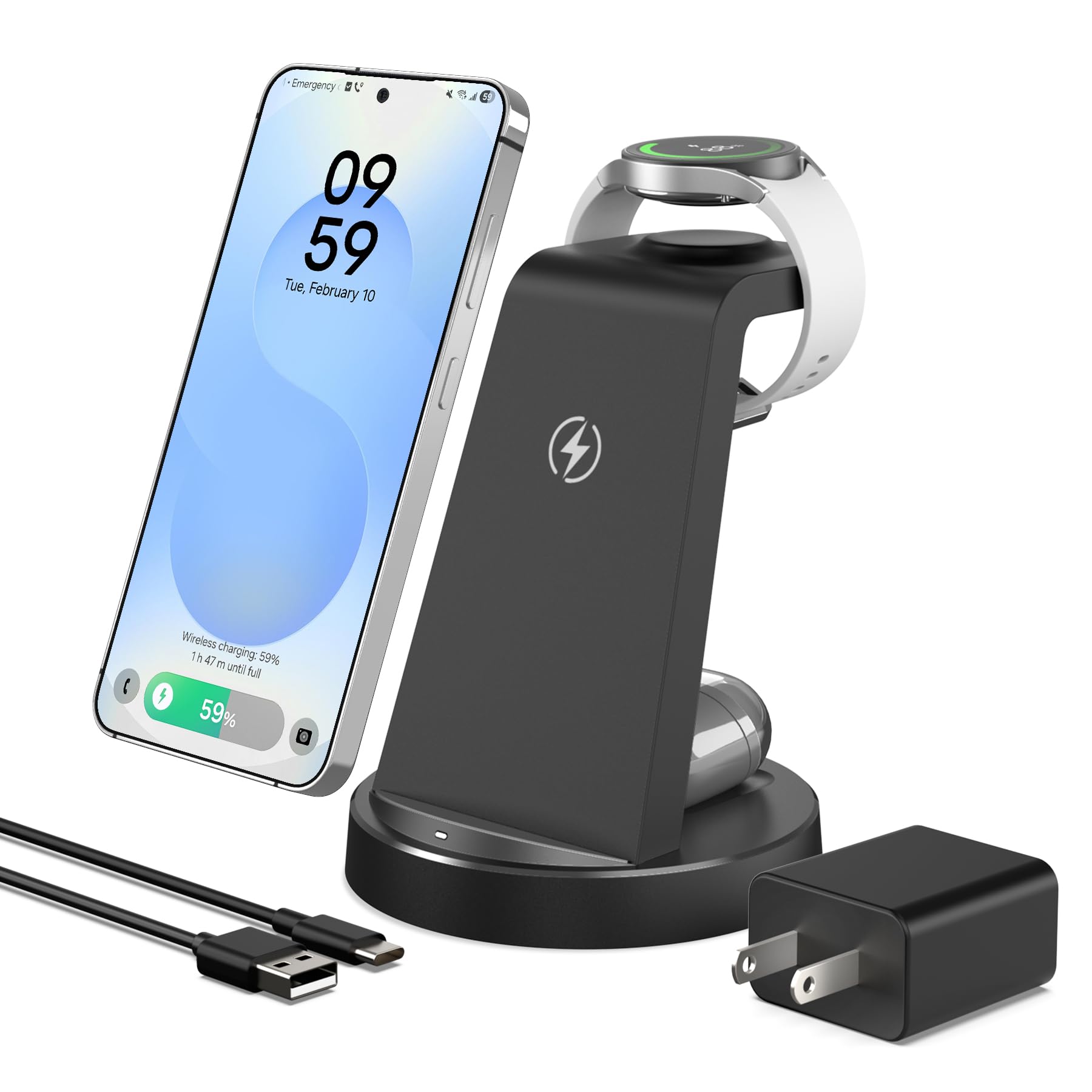 15W Wireless Charger for Samsung: 3-in-1 Charging Station for Samsung S26/S25/S24/S23/S22/S21, Note 20/10, Z Fold 6/5, Galaxy Buds 4/3/2 Pro, Galaxy Watch Ultra/8/7/6/5-Android Qi Fast Charging Dock