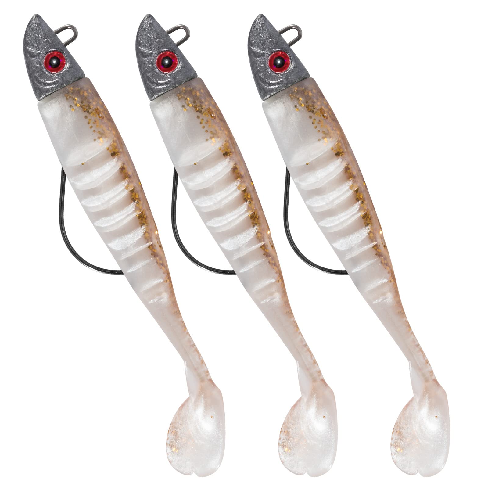 Dr.Fish 3pcs Soft Fishing Lures Jig Head with Paddle Tail Soft Plastic Lures 13CM 26g Accessories for Bass Pike Trout Perch,Color: Golden Back White Belly