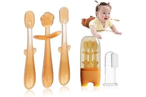 FOKiiBO Baby Silicone Toothbrush Set, Toothbrush + Tongue Brush + Baby Teether + Finger Toothbrush with Cup for Training Teething, 0-18M Infant Toddler Newborn Baby Teeth Brushes (Amber)