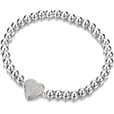 COOLSTEELANDBEYOND 18K Rose-Gold-Plated Beads Link Charm Bracelet for Women with Cubic Zirconia Heart Charm, Polished