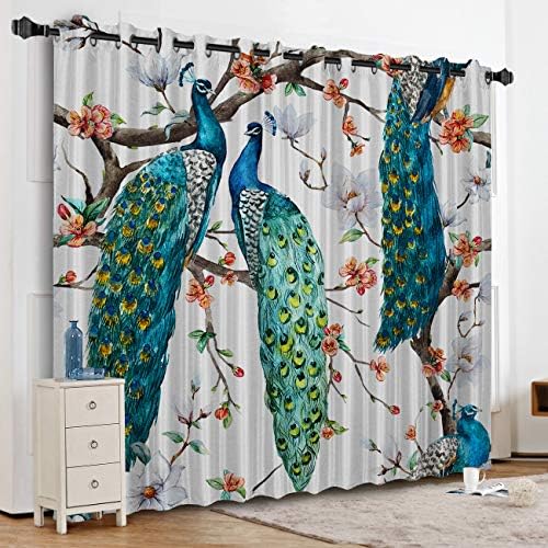 KAROLA Blackout Curtains Window Treatments for Living Room/Bedroom Room Darkening Grommet Drapes and Curtains,Peacock in Flower 52" W x 52" L
