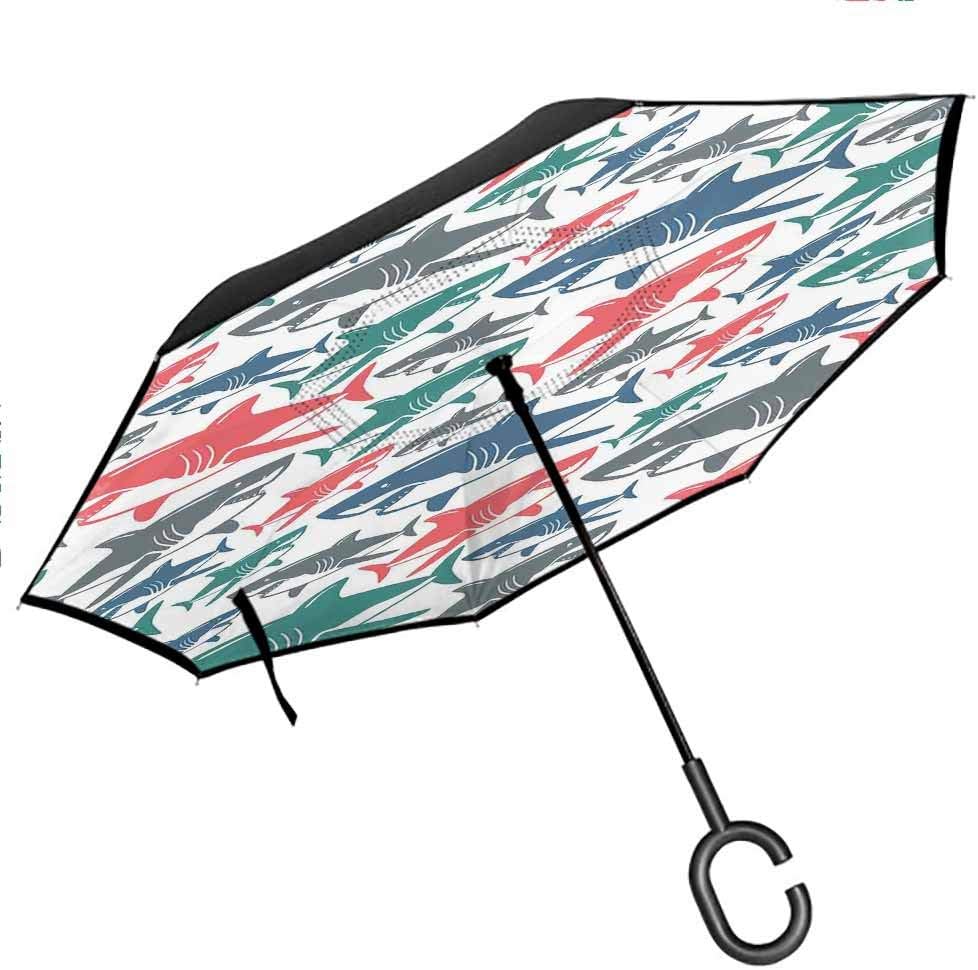 Shark Double Layer Reverse Umbrella Attack of Open Mouth Sharp Teeth Sea Danger Wildlife Ocean Life Cartoon with C-Shaped Handle, Royal Blue Teal