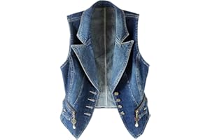 Women's Oversized Button Denim Vest Vintage Casual Sleeveless Lapel Collar Jean Jacket Distressed Top with Zip Pockets
